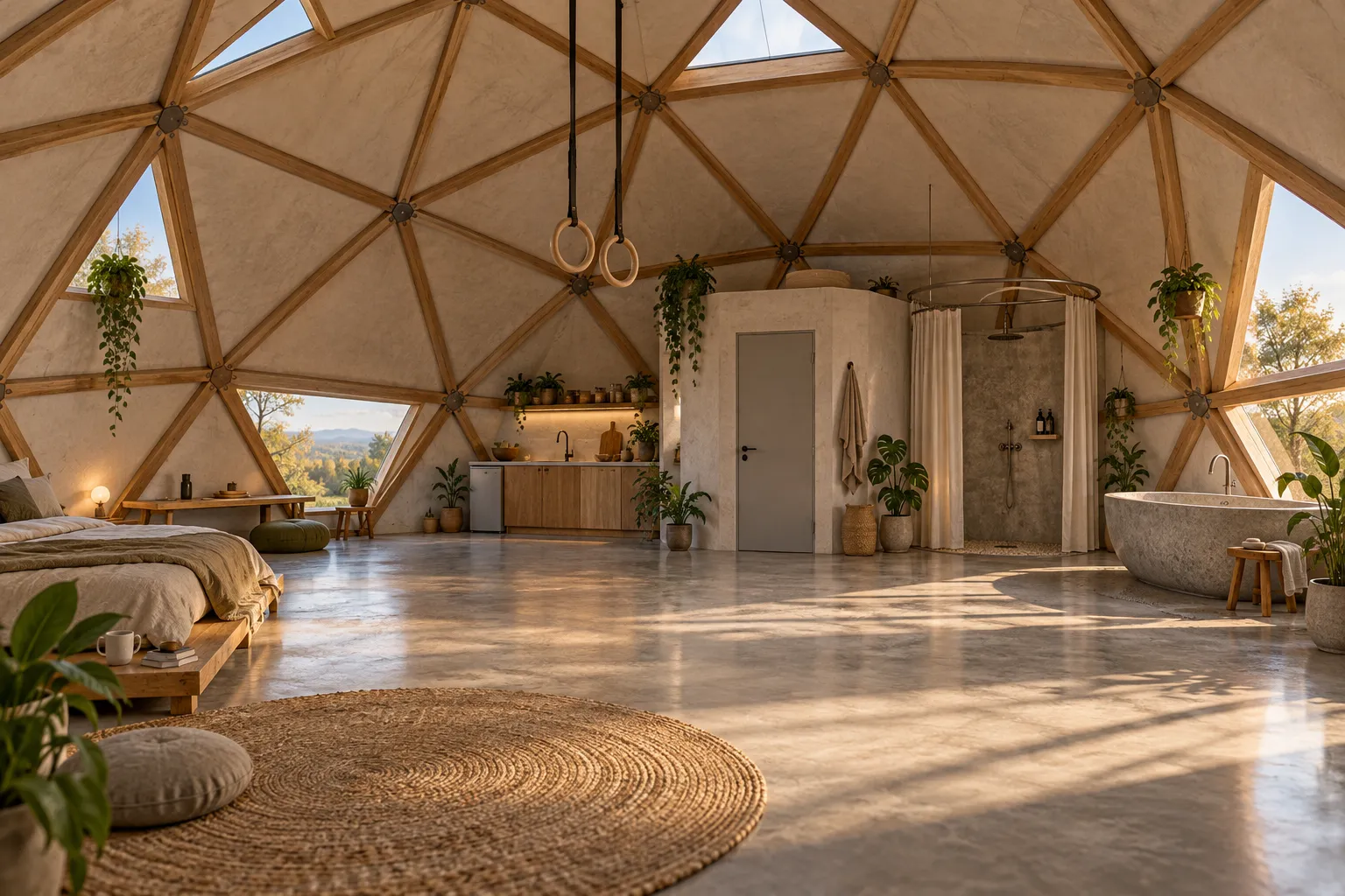 Warm timber dome with an open concrete floor, low bed, rings, kitchen, enclosed toilet, shower and sunlit tub.