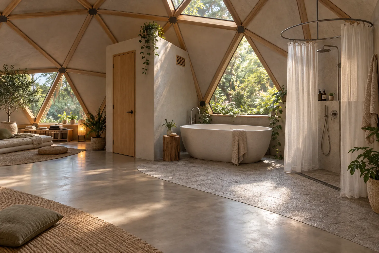 A freestanding tub and curtained shower share a textured wet area beside an opaque toilet enclosure.