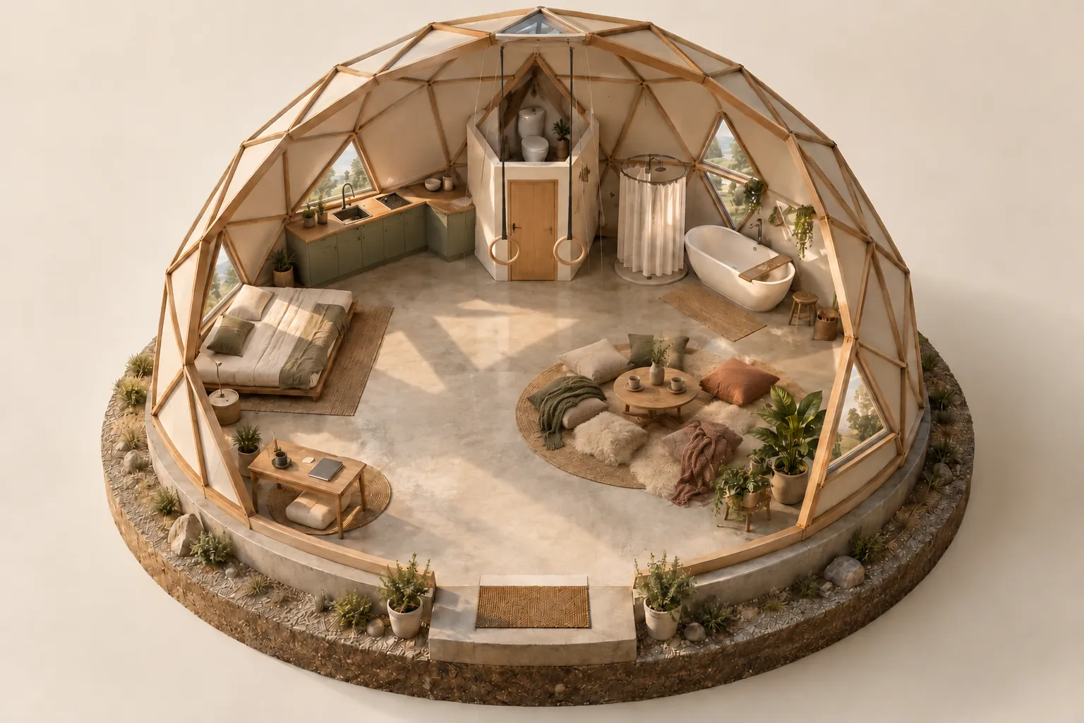 Dollhouse cutaway with kitchen, bath, low bed and desk around an open movement floor, plus a gathering nook with a woven rug, soft pelts, cushions, throws and a low table.