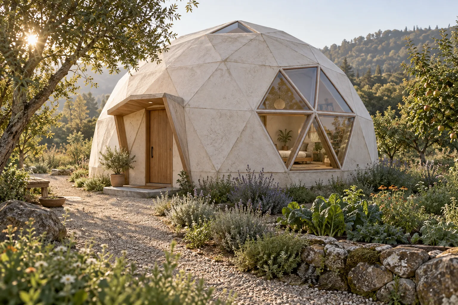 An ivory faceted mineral dome with triangular windows and a timber entrance in a leafy garden.