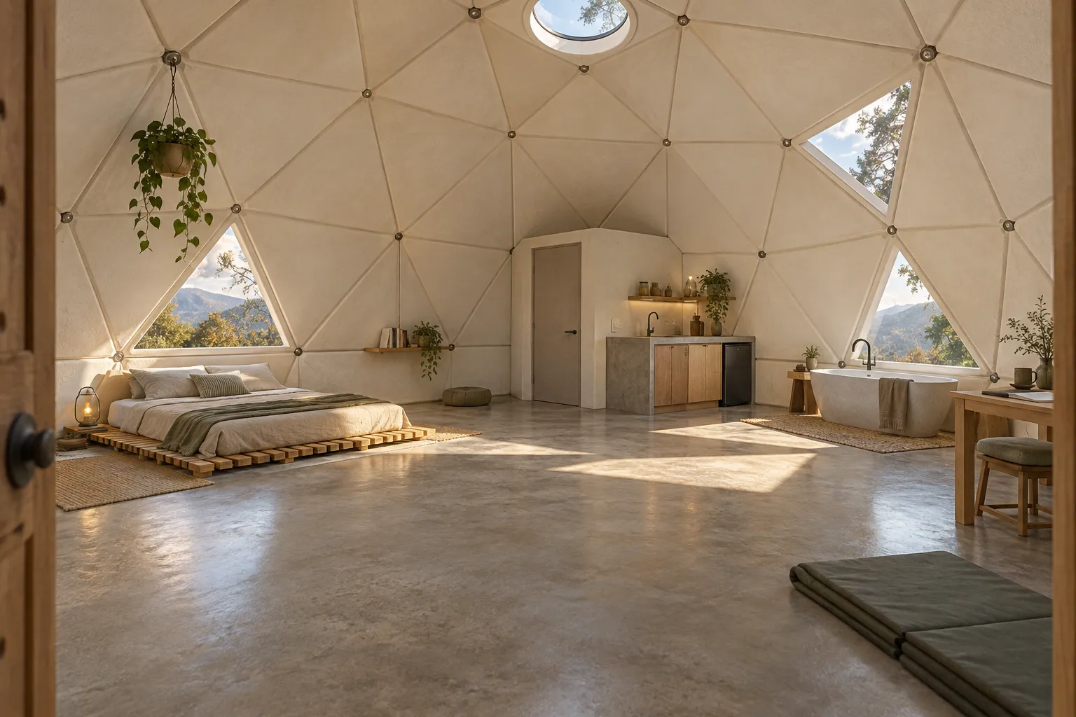 Pale mineral triangular facets, a low slatted bed, a tub, sparse furnishings and a clear concrete floor.