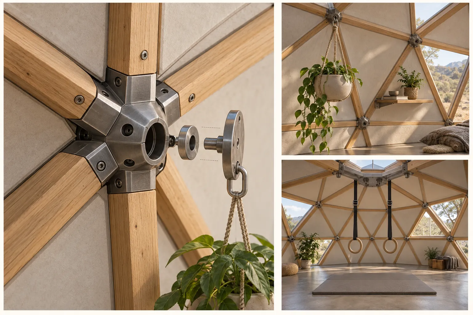 Conceptual geodesic node fitting, suspended planter and shelf, and gymnastic rings on a separate overhead support.