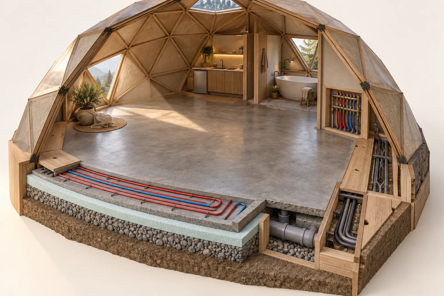 Conceptual concrete floor cutaway showing hydronic loops, insulation, drainage and accessible perimeter services.