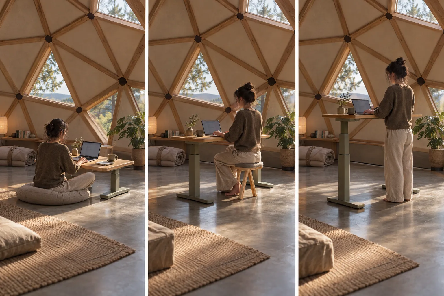 Three views of a person using an adjustable desk from a floor cushion, a supported stool and a standing position.