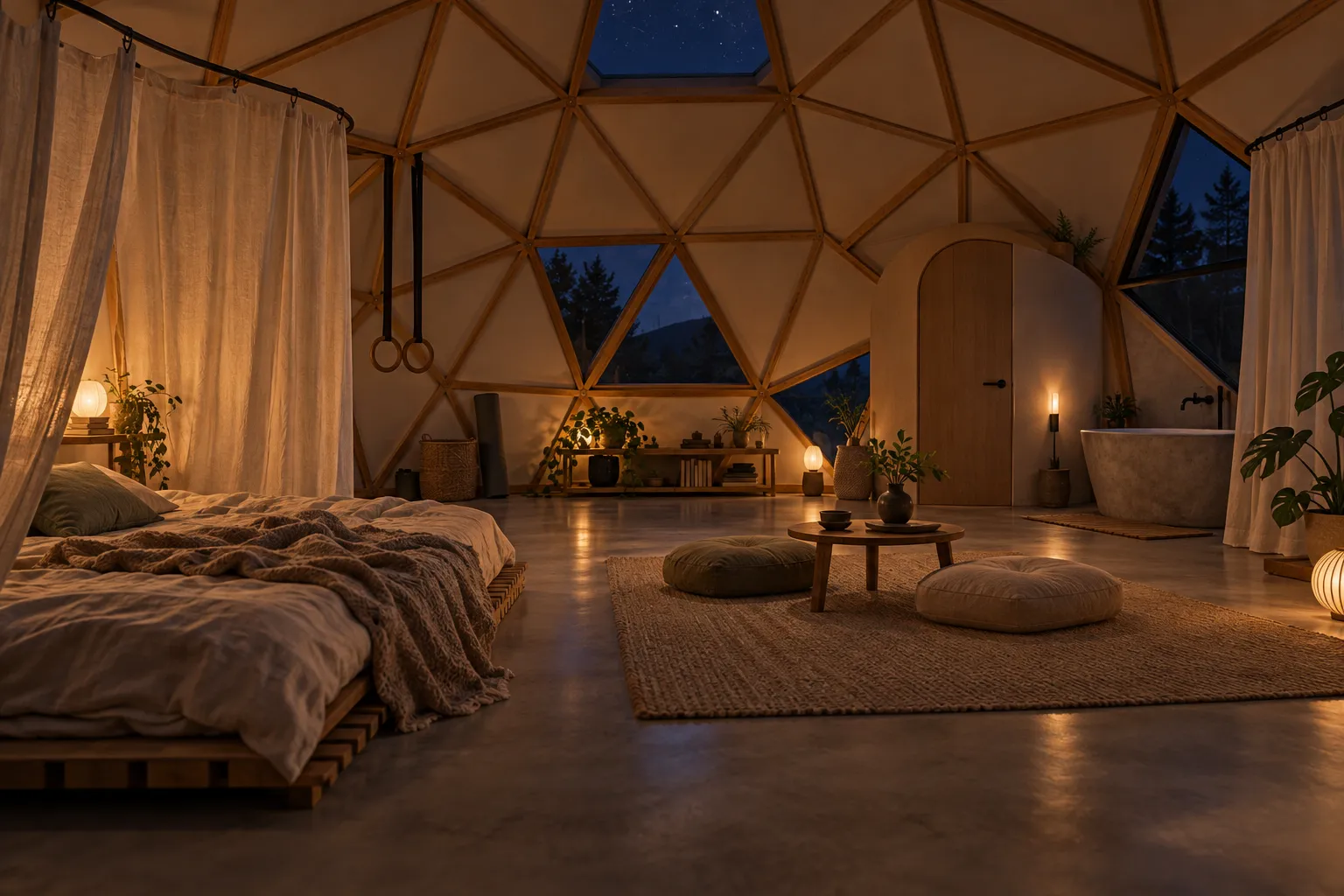 Warmly lit dome at night with a low futon, curtains, floor cushions and a small table.