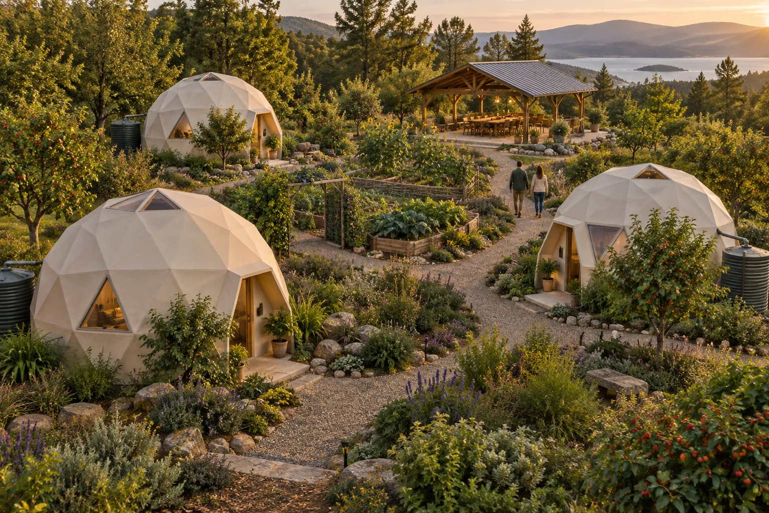 Three small mineral domes in food gardens linked by paths to a shared timber gathering pavilion.